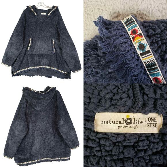 Natural Life Sherpa Blanket Hoodie Tassel Fringe OS ONE SIZE Boho Blue Fuzzy - Picture 1 of 8